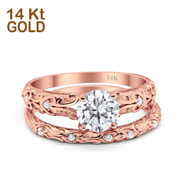 14K Rose Gold Art Deco Round Two Piece Bridal Set Ring Engagement Band Simulated CZ Size 7
